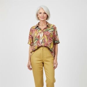 Colorful Leaf Print Blouse with Embellished Collar - size XL